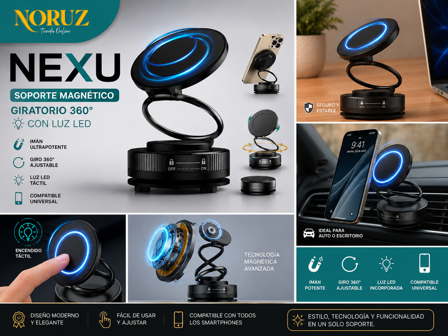 Nexu™ | Soporte Magnético LED 360° ✨📱